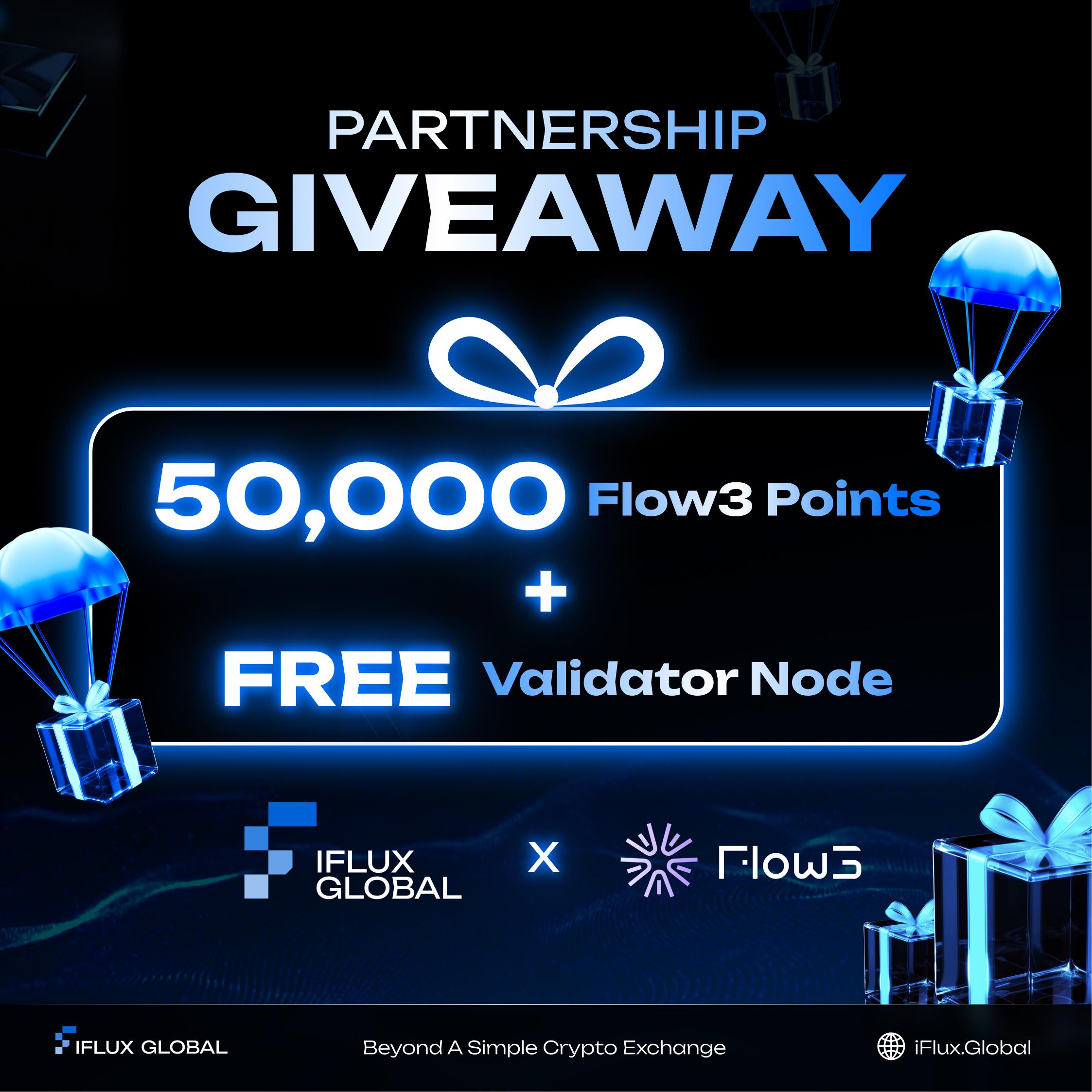 Flow3 Validator Nodes giveaway with 50,000 Flow3 Points and free validator node access.