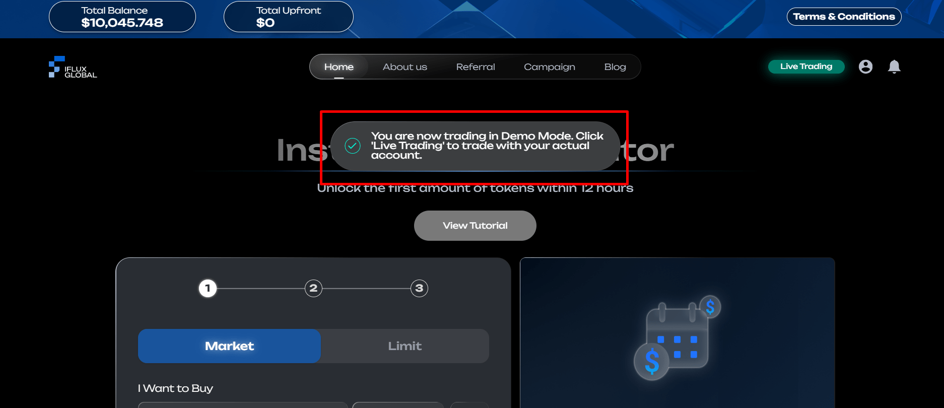 The notification will let you know that you are in demo mode